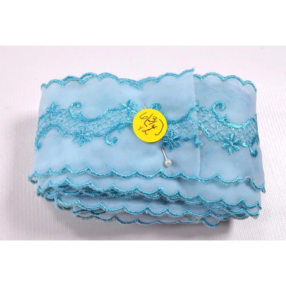 Vintage Blue Embroidered Tulle Trim Lace Embroidered Scalloped Edge 6.75 yards